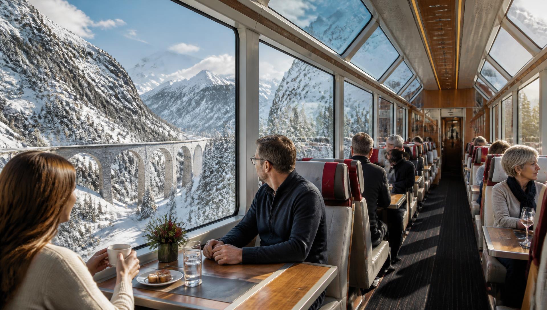Panorama-Innenraum des Glacier Express mit Blick auf verschneite Bergwelt