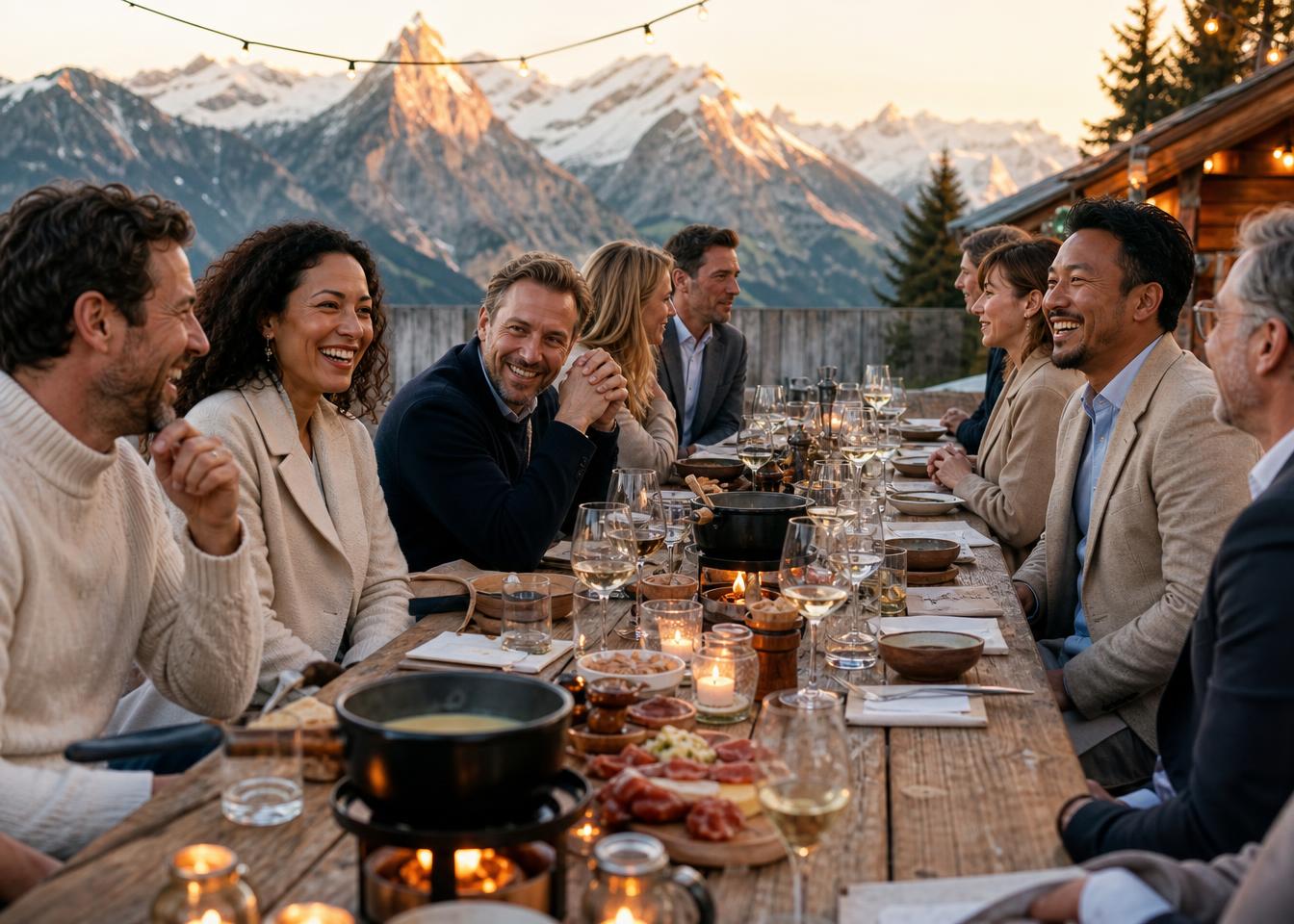 Lockeres, entspanntes Outdoor-Dinner in den Schweizer Bergen bei Sonnenuntergang