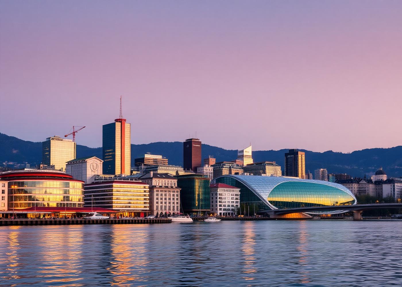 Kongress- und Tagungsinfrastruktur am Zürichsee in der Abenddämmerung