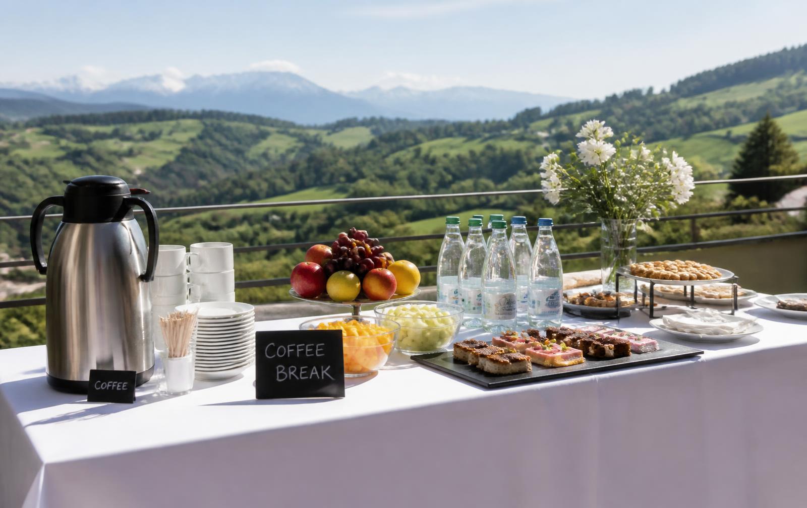 Kaffeepause mit Buffet auf der Terrasse eines Seminarhotels im Grünen